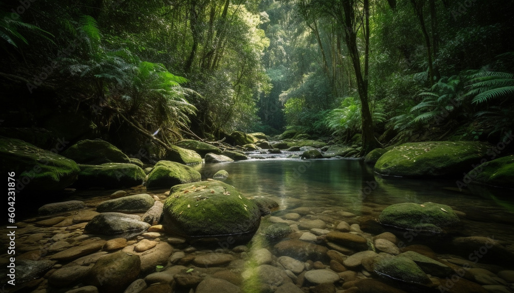 A tranquil scene in a tropical rainforest with flowing water generated by AI