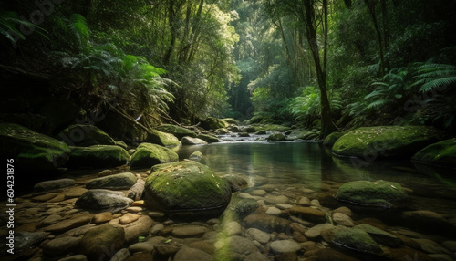A tranquil scene in a tropical rainforest with flowing water generated by AI © Stockgiu