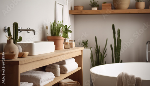 Modern bathroom design with clean, fresh towels and plant decor generated by AI