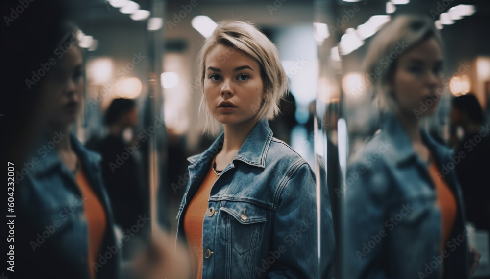 Confident young woman, elegance in casual clothing, walking to subway generated by AI Confident young woman, elegance in casual clothing, walking to subway generated by AI