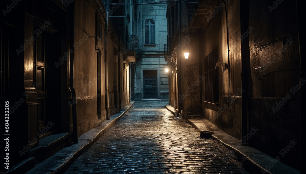 The old architecture illuminated by lanterns creates a spooky cityscape generated by AI The old architecture illuminated by lanterns creates a spooky cityscape generated by AI