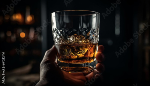 A hand holding a whiskey glass, enjoying the night elegance generated by AI