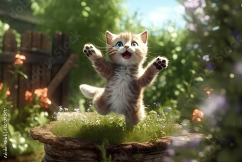 Cute kitten in home garden 3d rendered. Generative AI