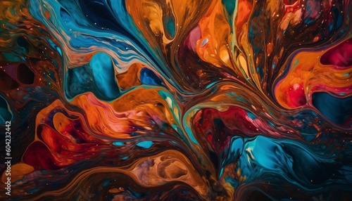 Vibrant acrylic painting blends chaotic marbled effect with smooth variation generated by AI