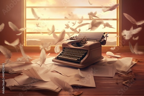 Vintage allure meets creativity: An antique typewriter adorned with fluttering pages and delicate feathers evokes a whimsical atmosphere. A timeless masterpiece. Generative AI. photo