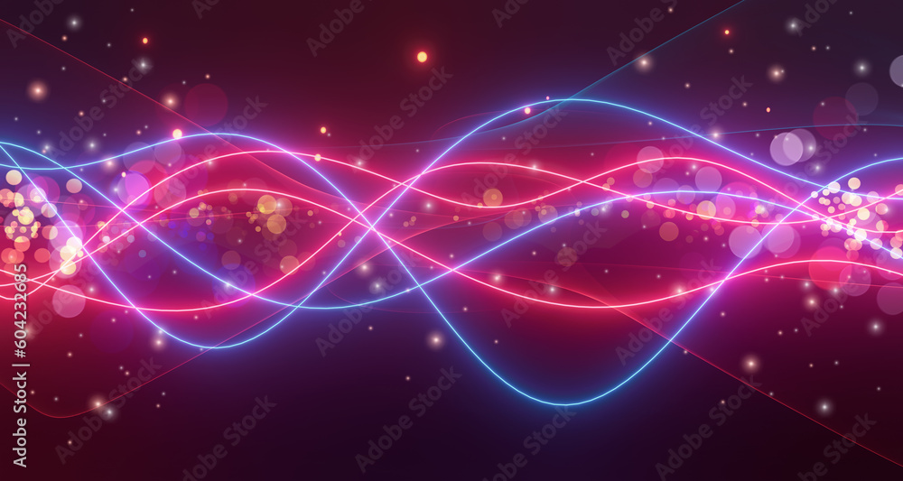 Fototapeta premium Abstract Sci-Fi Neon light glow network wave neon shape on smoke. futuristic colorful line neon glowing light. wireframe wave landscape mountain dark neon background. 3d render illustration.