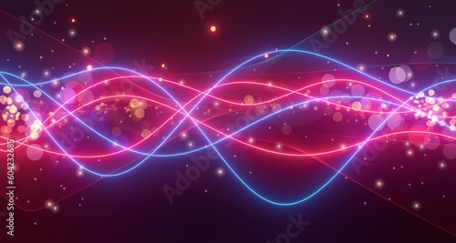 Abstract Sci-Fi Neon light glow network wave neon shape on smoke. futuristic colorful line neon glowing light. wireframe wave landscape mountain dark neon background. 3d render illustration.