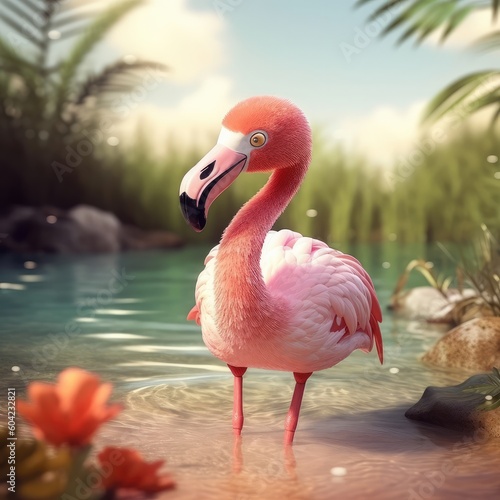 3D cartoon flamingo bird portrait wearing clothes, standing in front, studio lights, generative ai