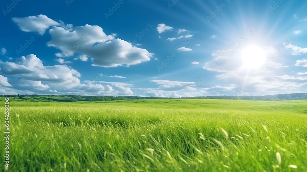 Blue sky and cloud with meadow, Plain landscape background for summer poster, Generative AI Technology 