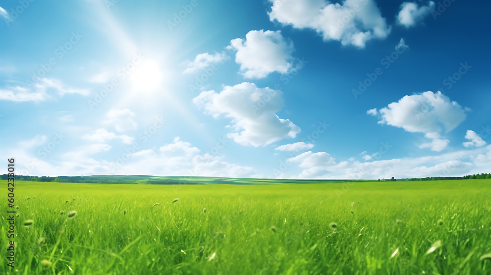 Blue sky and cloud with meadow, Plain landscape background for summer poster, Generative AI Technology Blue sky and cloud with meadow, Plain landscape background for summer poster, Generative AI Technology