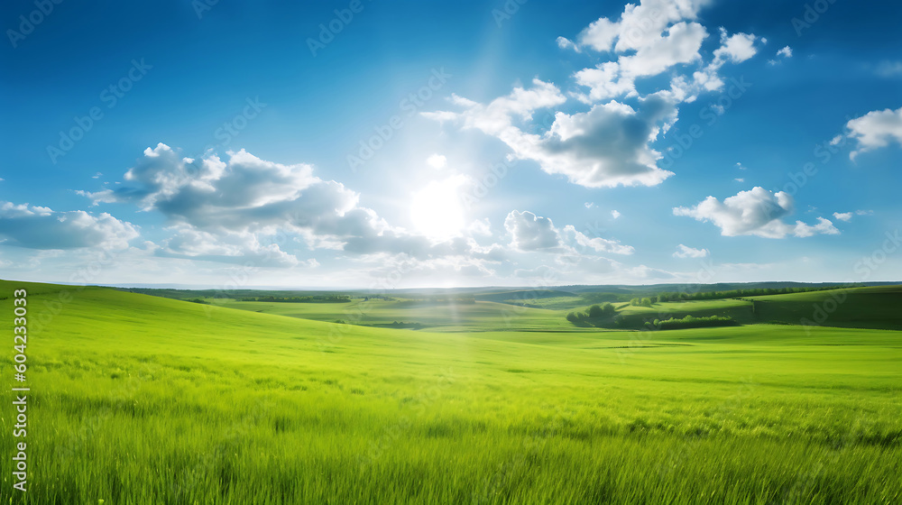 Blue sky and cloud with meadow, Plain landscape background for summer poster, Generative AI Technology 