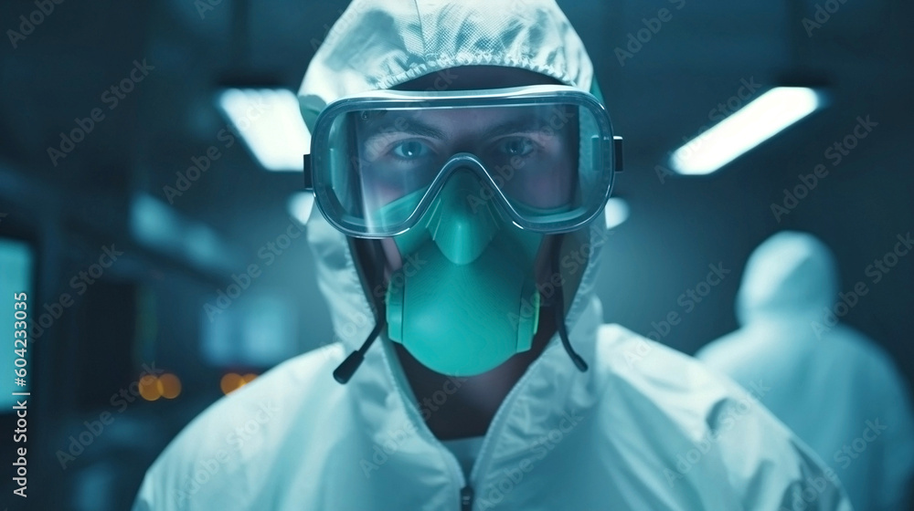 Generative Ai image of a person wearing protective goggles and a respirator Generative Ai image of a person wearing protective goggles and a respirator