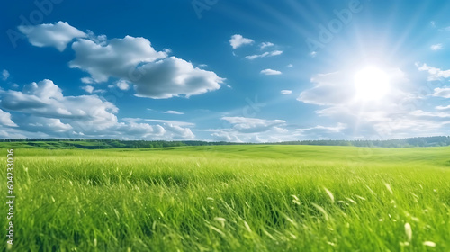 Blue sky and cloud with meadow, Plain landscape background for summer poster, Generative AI Technology 