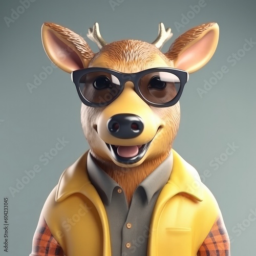 3D cartoon deer portrait wearing clothes  standing in front  studio lights  generative ai