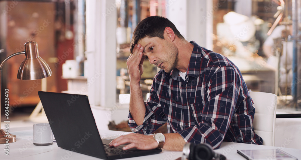 Headache, tired and a man with a laptop and stress from an email, project or communication. Frustrated, anxiety and a businessman reading a chat on a computer about a mistake or work fail in office Headache, tired and a man with a laptop and stress from an email, project or communication. Frustrated, anxiety and a businessman reading a chat on a computer about a mistake or work fail in office