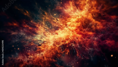 Exploding fireball igniting abstract galaxy backdrop in futuristic illustration generated by AI