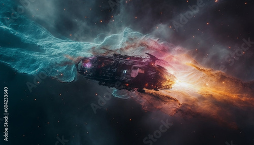 Futuristic spaceship orbits glowing nebula in deep galaxy adventure generated by AI © Stockgiu
