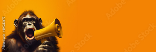 A monkey holding a megaphone with it hand on yellow background, Attention, advertising and management, concept, Generative AI Technology  photo