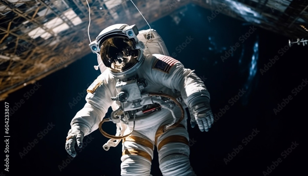 The futuristic astronaut in his space suit stood determinedly armed generated by AI The futuristic astronaut in his space suit stood determinedly armed generated by AI