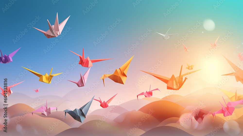Paper origami birds fly in the sky, a symbol of freedom and hope  with generative ai technology - obrazy, fototapety, plakaty 