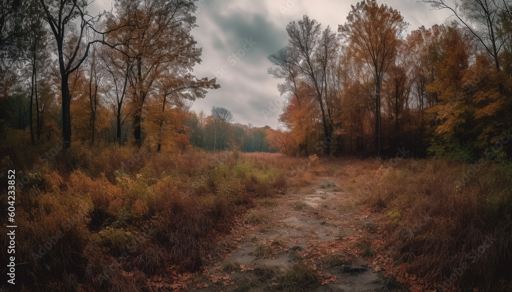 A tranquil scene in the wilderness vanishing point, autumn foliage generated by AI A tranquil scene in the wilderness vanishing point, autumn foliage generated by AI
