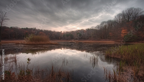 Tranquil scene of a multi colored autumn meadow at dusk generated by AI © Stockgiu