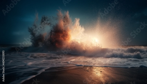 The crashing waves at waters edge create a stunning seascape generated by AI