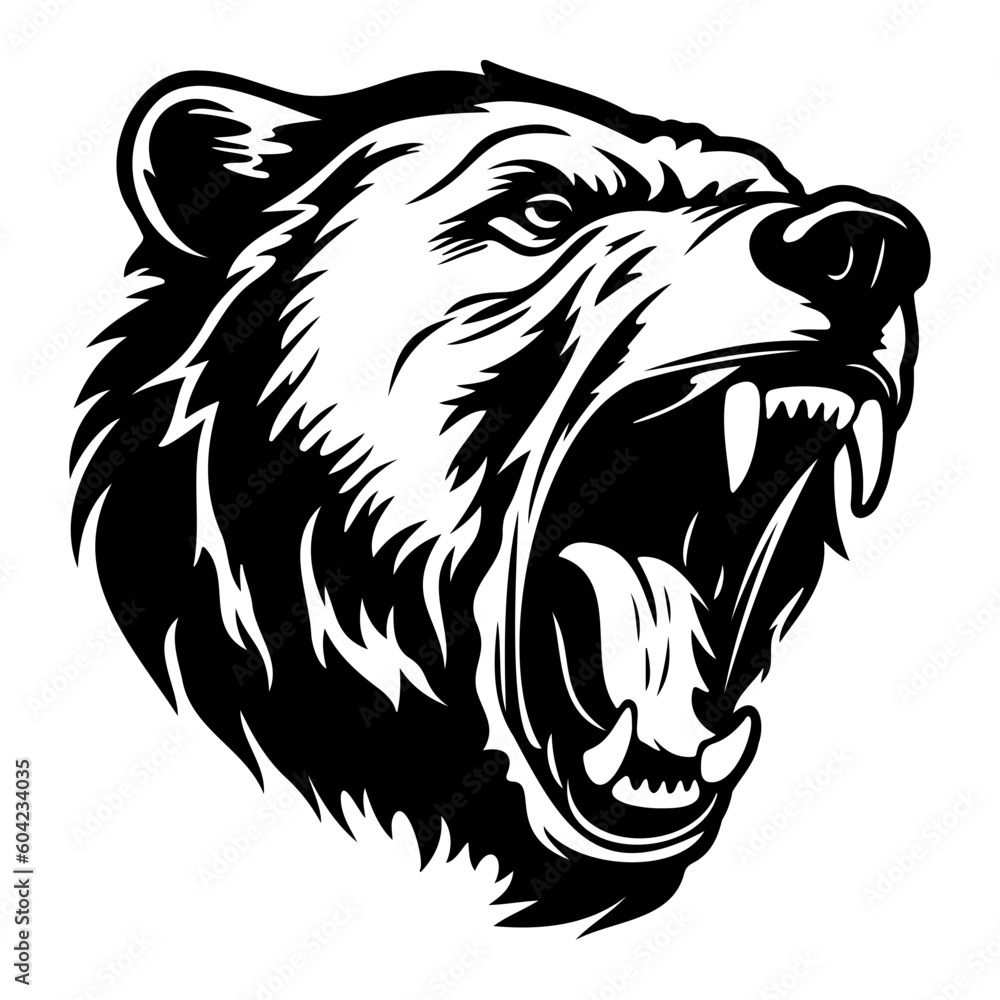 ferocious Bear, Angry Bear Face Side, Bear mascot logo, Bear Black and White Animal Symbol Design.