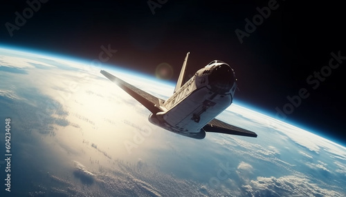 Fototapeta Naklejka Na Ścianę i Meble -  Flying fighter plane orbits planet in futuristic space exploration journey generated by AI