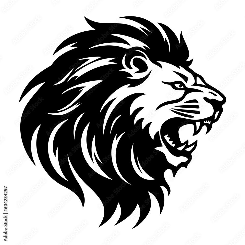 ferocious Lion, Angry Lion Face Side, Lion mascot logo, Lion Black and White Animal Symbol Design.