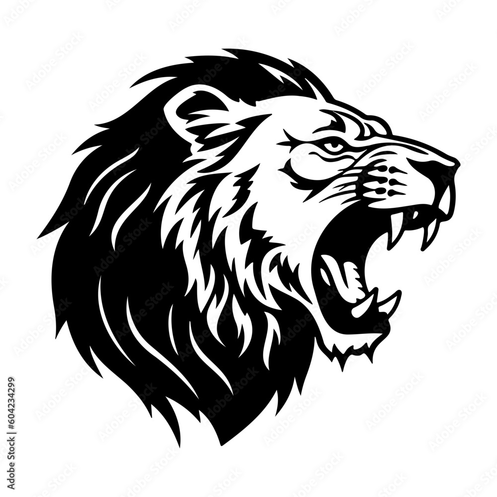 ferocious Lion, Angry Lion Face Side, Lion mascot logo, Lion Black and White Animal Symbol Design.