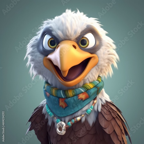 3D cartoon eagle portrait wearing clothes, standing in front, studio lights, generative ai
