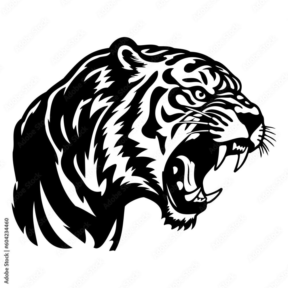 ferocious tiger, Angry tiger Face Side, tiger mascot logo, tiger Black and White Animal Symbol Design.