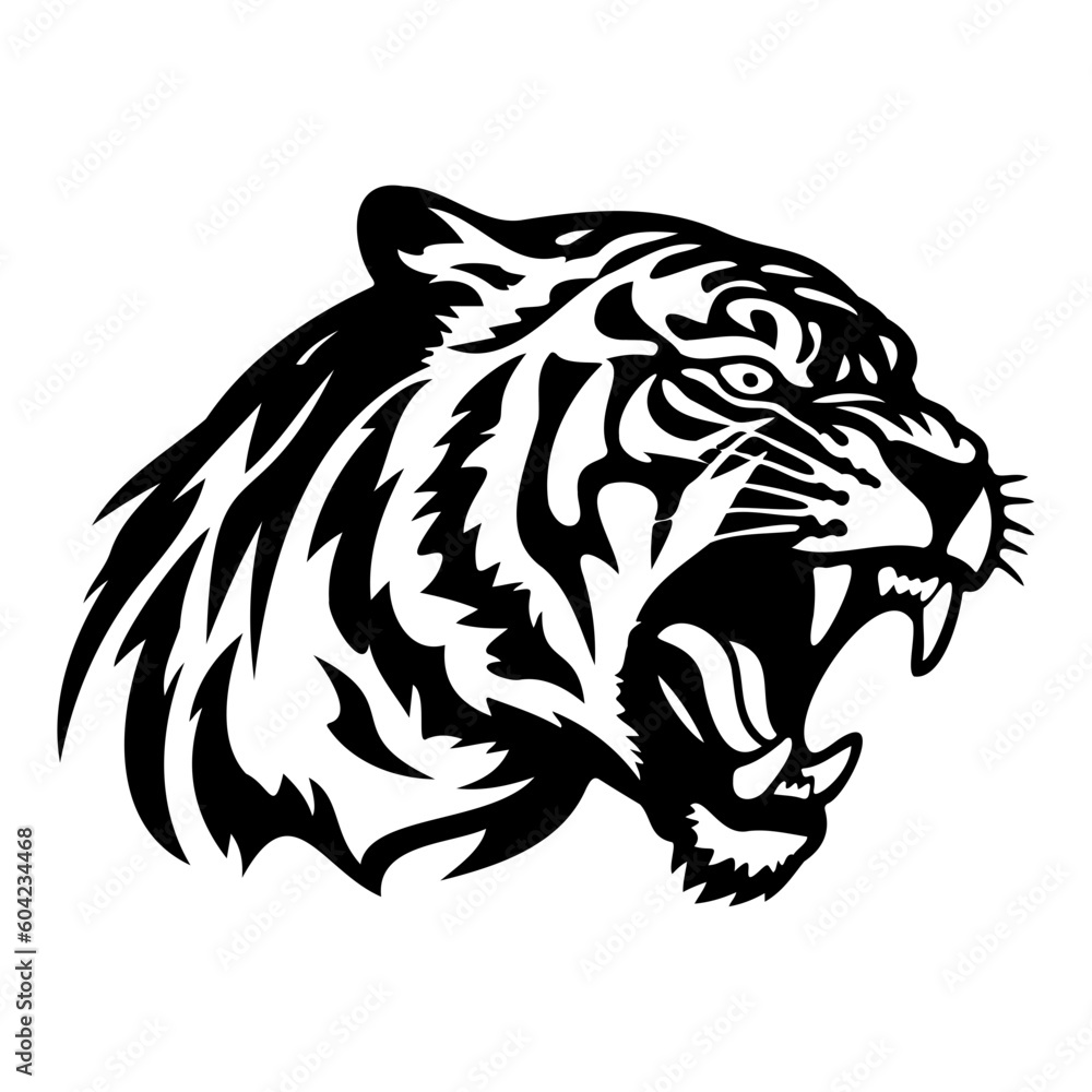ferocious tiger, Angry tiger Face Side, tiger mascot logo, tiger Black and White Animal Symbol Design. ferocious tiger, Angry tiger Face Side, tiger mascot logo, tiger Black and White Animal Symbol Design.