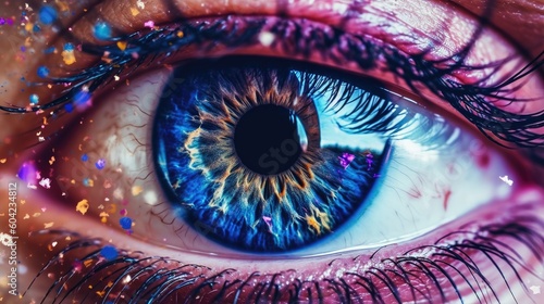 Closeup of a beautiful woman's eye. Abstract colorful iris. Long eyelashes and glitter makeup.