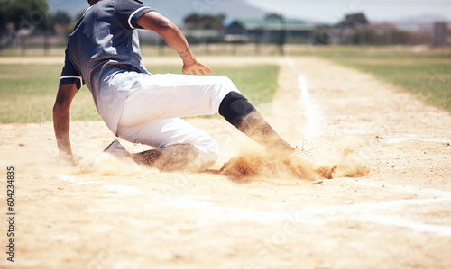 Photography Baseball player, running slide and man on a base at a game with training and dirt