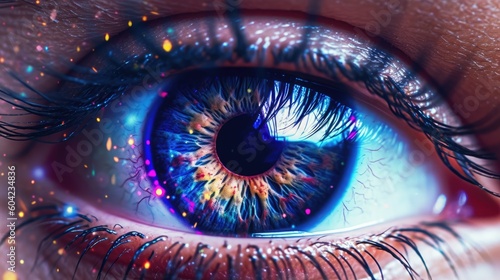 Closeup of a beautiful woman's eye. Abstract colorful iris. Long eyelashes and glitter makeup.