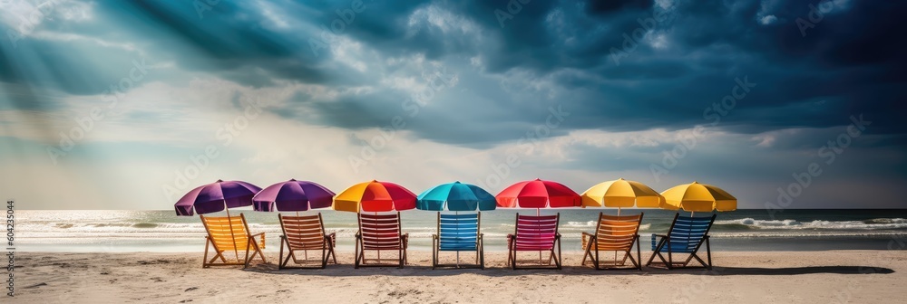 Fototapeta premium Summer beach landscape. Colorful beach chairs and umbrellas by the ocean shore.