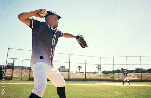 Canvas Print Pitch, sports and training with man on baseball field for competition, performance and games