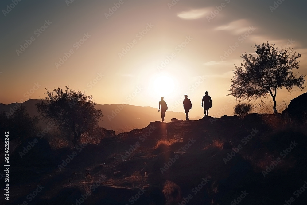 Generative Ai image of a group of people hiking at sunset