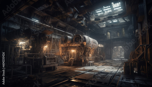Abandoned steel mill spooky machinery, rusty equipment, and fiery flames generated by AI
