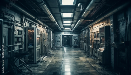 Abandoned factory, old fashioned machinery, spooky atmosphere, dimly lit corridors generated by AI