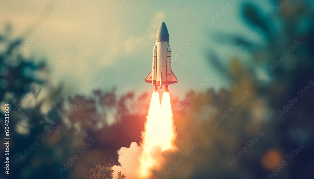 Fototapeta premium The rocket flame ignites as it takes off into space generated by AI