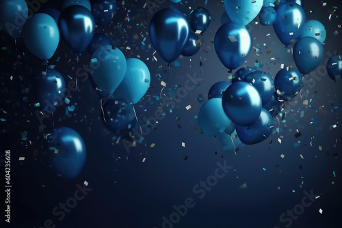 ballons containing blue and gold decorations on blue with glowing bokeh and glitters background for new year, generative AI