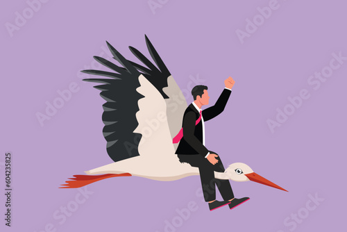 Cartoon flat style drawing of young businessman riding stork symbol of success. Business metaphor concept, looking at the goal, achievement, leadership, successful. Graphic design vector illustration