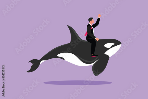 Graphic flat design drawing brave businessman riding huge dangerous orca. Professional entrepreneur character fight with predator. Successful business man metaphor. Cartoon style vector illustration