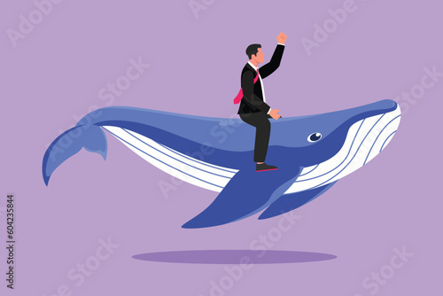 Character flat drawing of brave businessman riding huge dangerous blue whale. Professional entrepreneur male character. Successful business man. Business metaphor. Cartoon design vector illustration