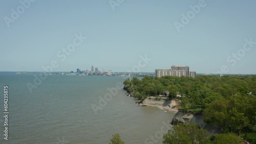 Cleveland Ohio Downtown skyline Lakewood Park 4K drone shot