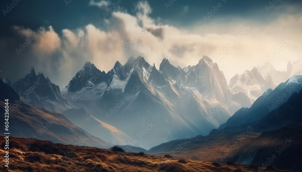 Majestic mountain range, tranquil meadow, and serene sunset beauty generated by AI