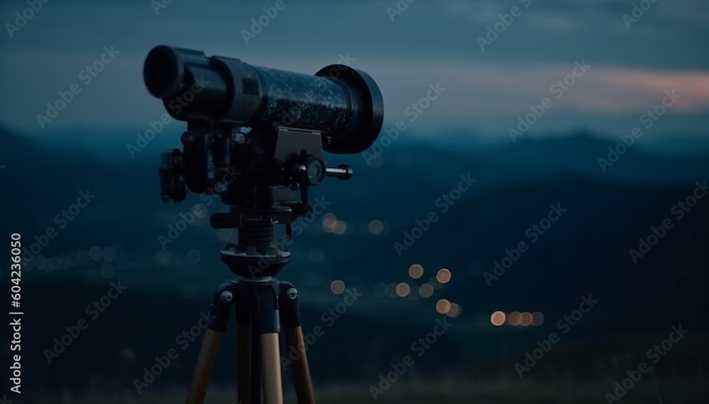 Photographer captures panoramic mountain range with hand held telescope at dusk generated by AI